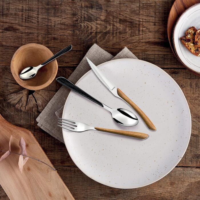 Amefa ECLAT Cutlery Set NATURE Brown Wood-Look Dining Cutlery 24-Piece for 6 People Stainless Steel, Rust-Proof, Plastic Grips with Wood-Look Finish, Dishwasher-Safe Cutlery Set for 6 People