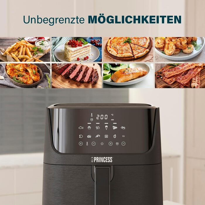 Princess Digital Hot Air Fryer – 6.5 L – with removable divider – 60 percent less energy consumption – Digital touchscreen – 12 programs – Oil-free – Black – 182061 REGULAR 6.5L
