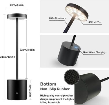 Світлодіодний настільний світильник Hapfish 2 шт, акумуляторний, диммер, сенсорний, чорний. Для дому, офісу, тераси