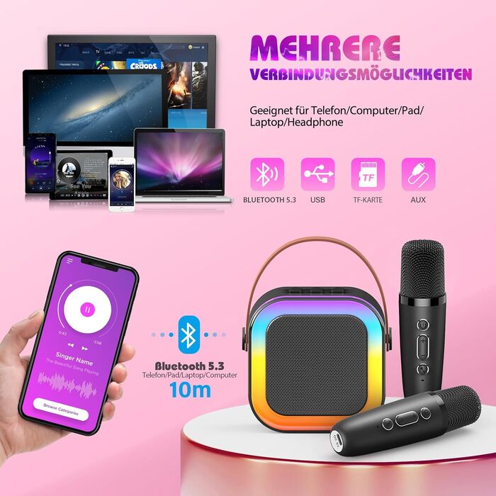 Караоке-машина для дітей 3-12 років Dislocati з 2 мікрофонами Bluetooth, портативна музична іграшка зі світлодіодним підсвічуванням, чорна