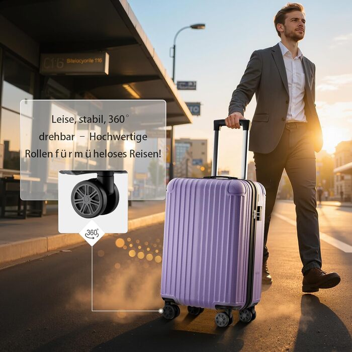 Чемодан 3-в-1, жорсткий корпус, валіза на 4 колесах із замком, ручна валіза, темно-зелений (S, світло-фіолетовий)