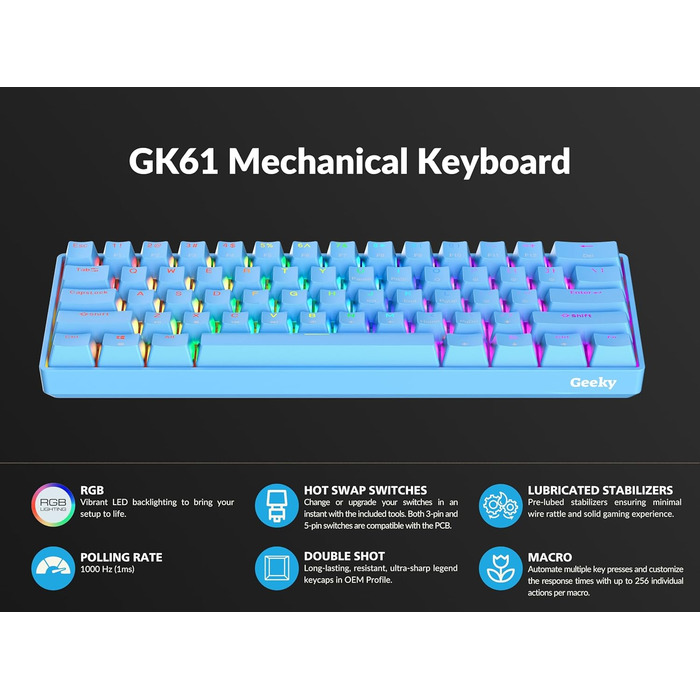 Механічна ігрова клавіатура Geeky GK61: 61 клавіша, RGB підсвічування, Hot-Swap, ANSI US Layout