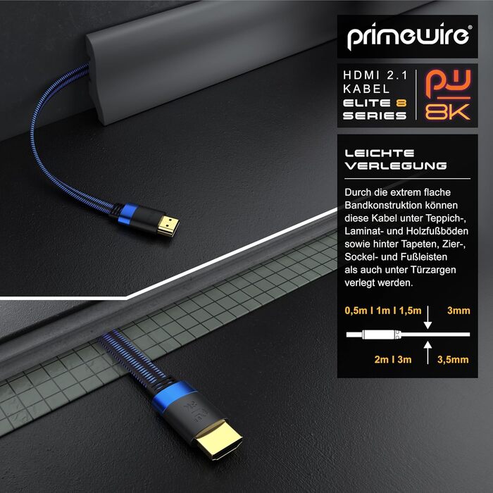 HDMI 2.1 кабель 8K Flachband - 3 метри, Ultra High Speed II, Ethernet, eARC, HDR10+, 7680x4320, 120Hz, DSC, тканинна оплетка, для прокладання