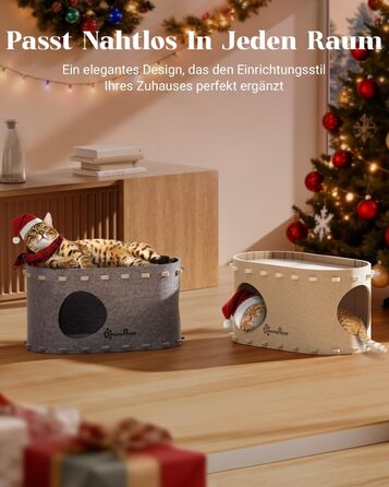 Будиночок для котів з фетру, лежанка для котів, затишна кімната для котів, 58 x 33 x 30 см, ігровий Peek-a-Boo, зимовий, захист кігтів, бежевий, 1 шт.