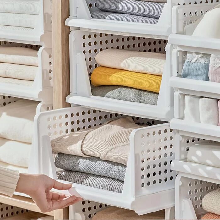 RMAN 8-Piece Stackable Folding Closet Storage Boxes, Closet Organizer Drawers, Plastic Storage Crates for Home, Bedroom, Kitchen - White