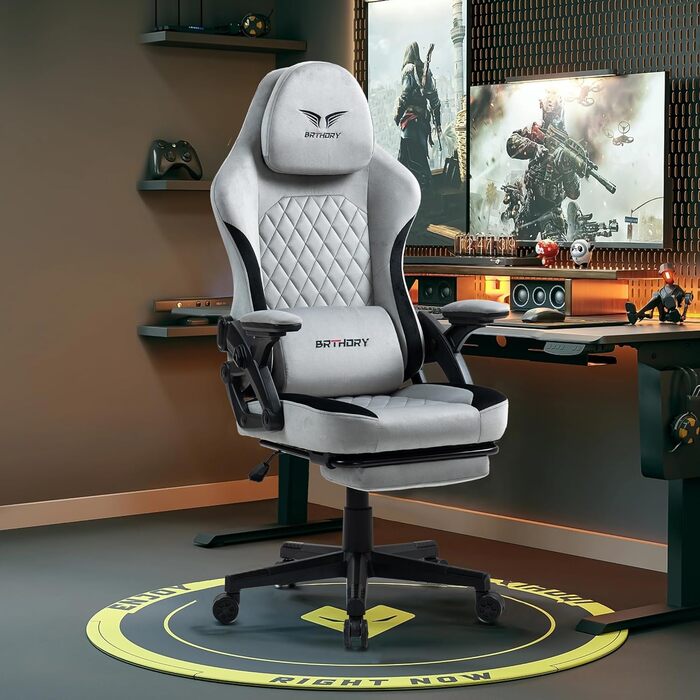 Геймерське крісло Racing Ergonomic Stoff Hellgrau з регульованою підголівкою та підставкою для ніг