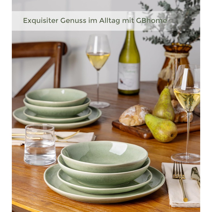 Набір глибоких тарілок GBhome з каменю 22см (24 шт.) - для супу, пасти, 6 персон, стійкі до подряпин, сумісні з мийкою та мікрохвильовкою, колір: спокійний зелений