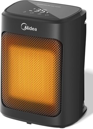 Електричний обігрівач Midea Ceramic 2000W з термостатом, 3 режими, таймер 24г, захист від перегріву та перекидання, миттєве тепло для офісу та спальні, 22 см, чорний