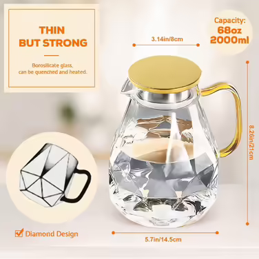 DUJUST Glass Giraffe with Gold Lid, 2 Liter, Water Carafe with Modern Diamond Design, Glass Pitcher with Handle for Fruit Infusion, Durable Heat-Resistant Water Pitcher for Iced Tea/Milk/Coffee
