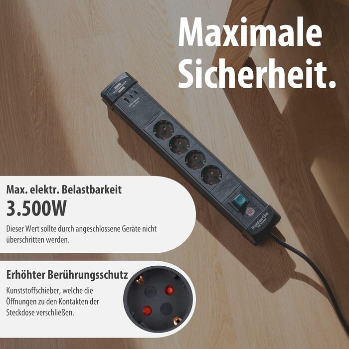 Бренненштуль Premium-Line Розподільник розеток 4-портовий з 2x USB-C PD 65W та USB-A 18W (Made in Germany), з вимикачем та кабелем 3м, для настінного монтажу, чорний