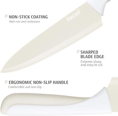 Набір ножів Hecef 14 предметів з бруском, кремового кольору, з антипригарним покриттям. Самозаточувальний ніжний блок, ергономічні ручки, компактний набір ножів для будь-якої кухні, безпечний для миття в посудомийній машині.