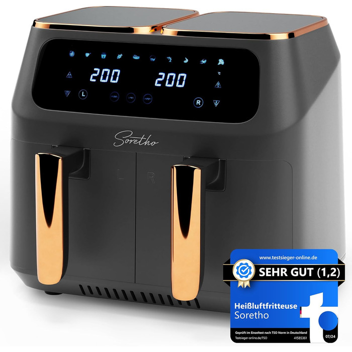 Аерофритюрниця Soretho Dual Zone 2800Вт, 2 камери, 9 л, 10 програм, Shake-функція, сенсорний дисплей, температура 80-200°C