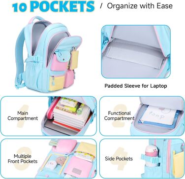 Рюкзак для дівчинки Tanou: великий шкільний рюкзак для підлітків з тканини Oxford, з багатьма відділеннями (блакитний, рожевий)