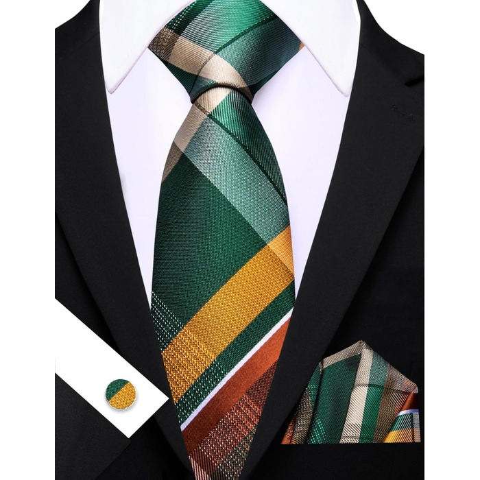 Краватка Barry.Wang в клітинку з набором для краватки (хустинка, краватка, запонки) – зелено-жовта