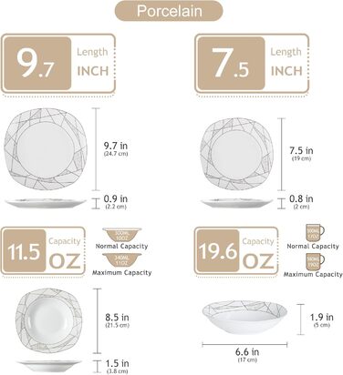 VEWEET Сервіз столовий 'Serena' з порцеляни, 24 частини | Сервіз включає миски, тарілки для десерту, обідні та супові тарілки | Для 6 осіб, ресторану, сім'ї (білий, 48-частинний сервіз)
