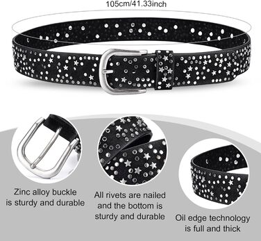 Жіночий шкіряний ремінь 110 см з зірковими заклепками, ширина 3.8 см, для джинсів, суконь, штанів та шортів, регульований, вінтажний, з металевою пряжкою, чорний
