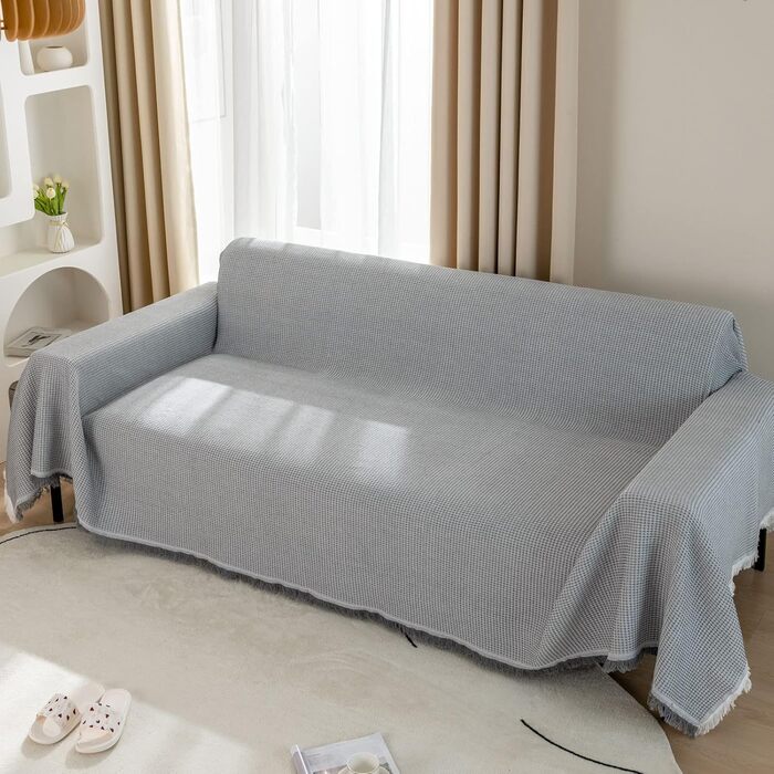 LHGOGO Waffle Throw Blanket 180x300cm Large 3-Seater Sofa Throw Versatile Living Room Blanket as Sofa Throw, Couch Cover, Sofa Cover, and Bedspread with Decorative Tassels - Light Grey