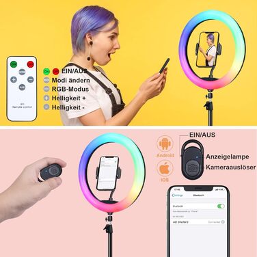 Ринг-лампа 13 дюймів з штативом, кліп для планшета та 2 тримачами для телефону, 3000-6000K, 10 рівнів яскравості, музичні режими, 100 RGB-режимів, LED для селфі, TikTok, Vlog, YouTube, Facebook відео, багато кольорів