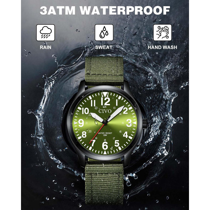 Чоловічий годинник CIVO Military B-4 Зелений/Чорний: Водостійкий, аналоговий кварц з великими цифрами та світловим покриттям