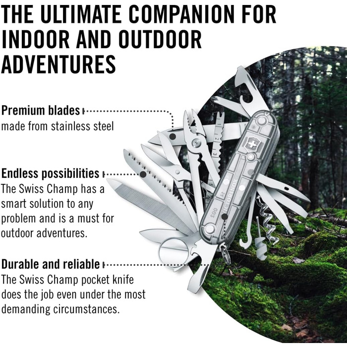 Мультитул Victorinox Swiss Champ: 33 функції, ніж, відкривачка, викрутка, прозорий сріблястий