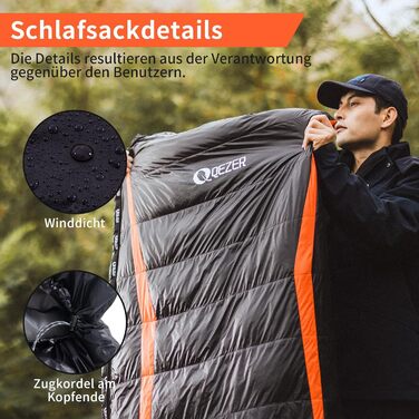 QEZER Ultralight Down Sleeping Bag - 8°C to -3°C for Camping, Hiking, and Trekking - 3 Season Sleeping Bag
