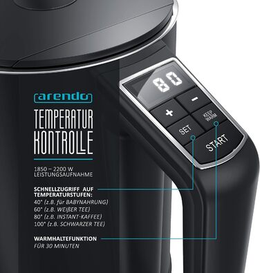Arendo - Stainless Steel Kettle with Temperature Setting 40-100 Degrees in 5-Degree Increments - Double-Walled Design - Model ELEGANT - 1.5 Liter - 2200 W - Tea Kettle with Temperature Indicator - GS - Black