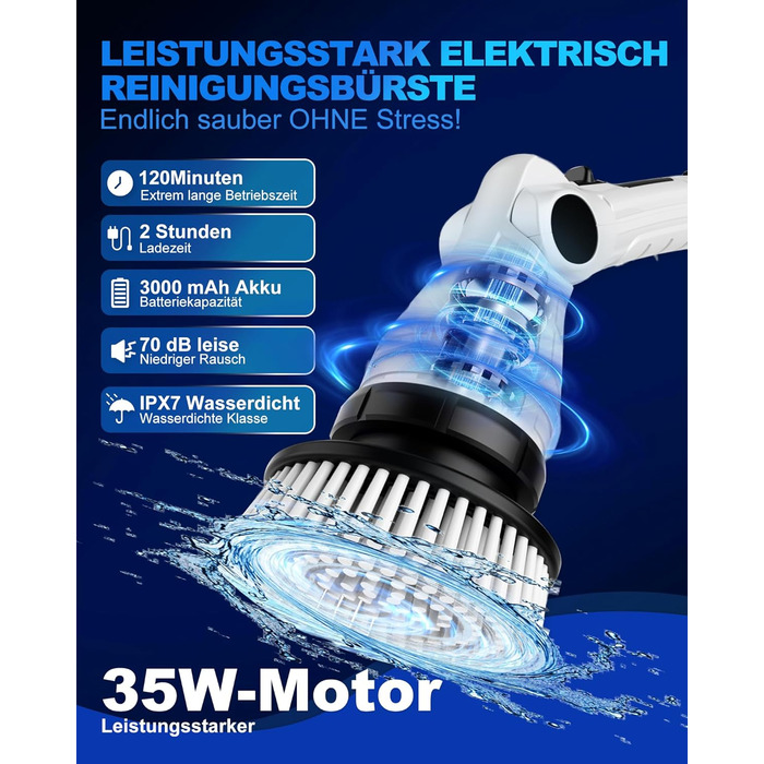 Електрична щітка для прибирання щілин, універсальна для ванної, кухні та авто. 8 насадок, регульована ручка, 3 швидкості. Набір з відром та шваброю