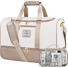 Сумка-мішок LOVEVOOK для подорожей, 37L, жіноча, для ручної поклажі, weekender, з органайзером для косметики, відділенням для взуття та вологонепроникним кишеням, водонепроникна спортивна сумка, пляжна сумка, для відпочинку, авіаперельотів, кемпінгу, M, Khaki-beige