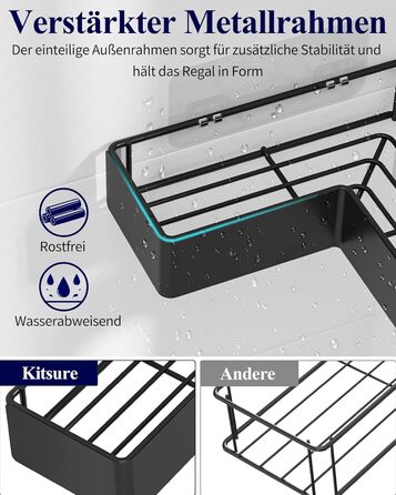 Поличка для душу Kitsure L-подібної форми без свердління - 2 шт. Міцна поличка для кута без свердління з 4 гачками та клейкими смугами, нержавіюча сталь для ванної, кухні та пральні, 24,4 x 11,9 x 6,2 см, Чорний