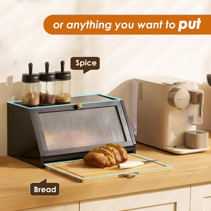 YOUDENOVA Хлібниця з дощечкою для нарізання, дерев'яна хлібниця, коробка для зберігання, бамбукова скринька для хліба, солі та перечниці, 39x25x20 (ДxШxВ) см, Чорний