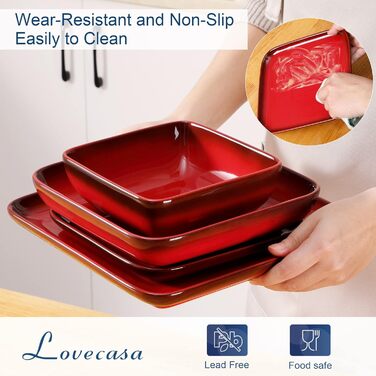 LOVECASA Сервіз Tafelservice Vibri, 16 частин, квадратний сервіз з кераміки для 4 осіб | Тарілки, чашки, десертні тарілки та миски, (Червоний, 16 частин)