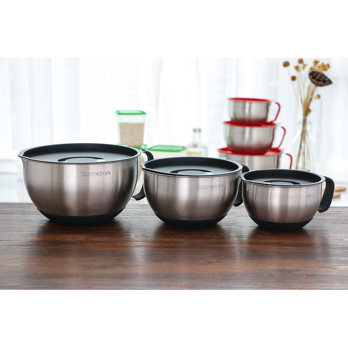 Rorence Stainless Steel Mixing Bowls with Pour Spout, Handle, and Lid, Set of 3, Black