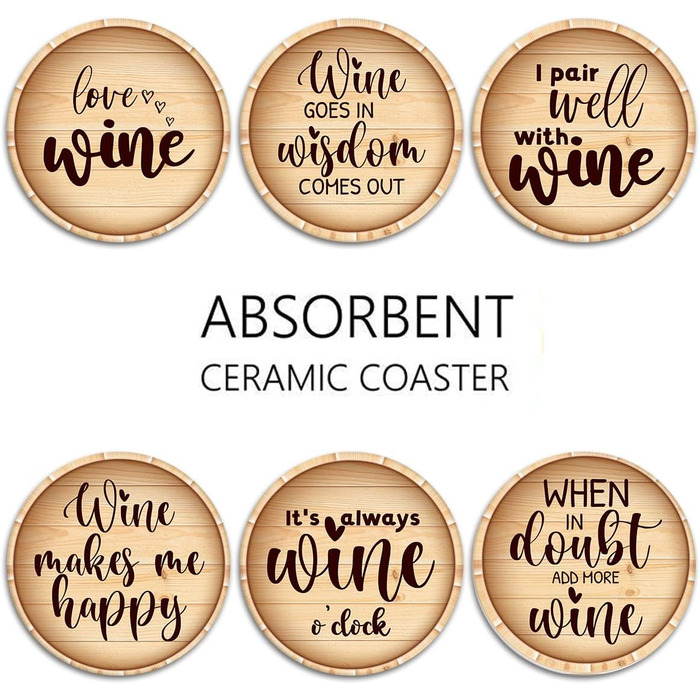 Britimes Drink Coasters, Set of 6, White Marble, Inspiring Love, Absorbent, Round, Ceramic-Stone Mat, with Cork Base and Metal Holder, Gift for Housewarming, Bar, Decor (Retro 8)