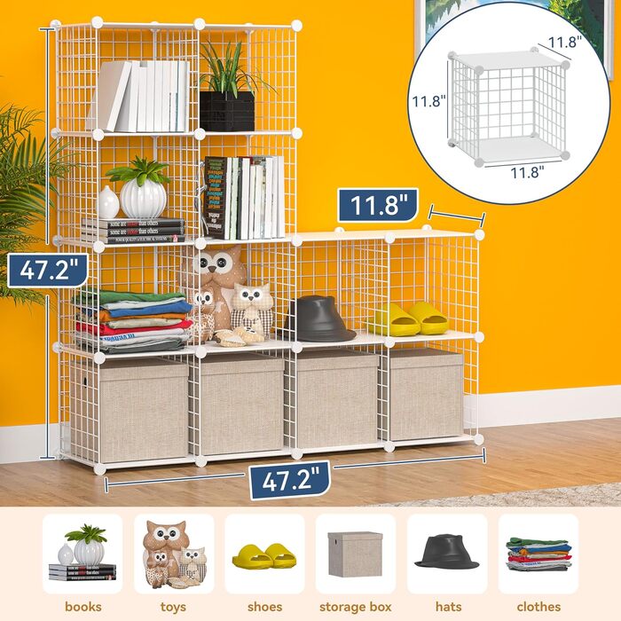 TUMUCUTE Storage Shelf with 9 Cubes, Plastic, Closet, Modular, Bookshelf, Storage Shelves for Bedroom, Living Room, Office, (White Plus Iron, 12 Cubes)