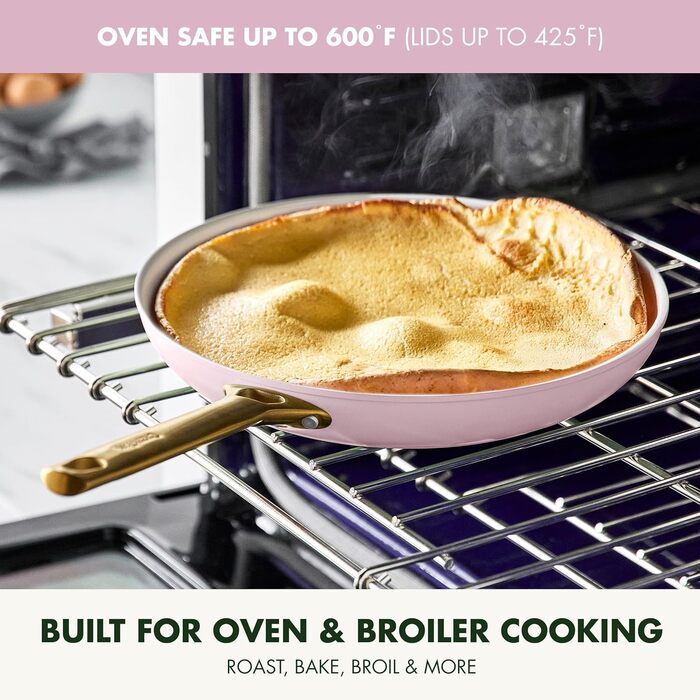 GreenPan Reserve Hard Anodized Healthy Ceramic Non-Stick Cookware Set, 10 Pieces, Including Frypans, Sauté Pan, and Saucepan, Gold Handle, PFAS-Free, Induction, Oven-Safe, Rosy Red 10-Piece Cookware Set Light Pink