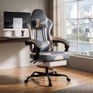 Геймерське крісло Ergonormic з підставкою для ніг, регульованою підтримкою спини, темно-сіре (синьо-бежеве)