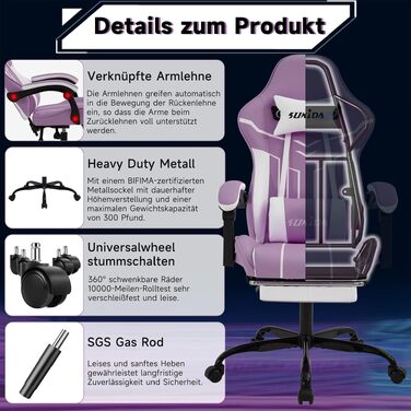 Ігрове крісло SUKIDA Ergonomic Gaming Chair з підставкою для ніг та підтримкою попереку, фіолетово-біле