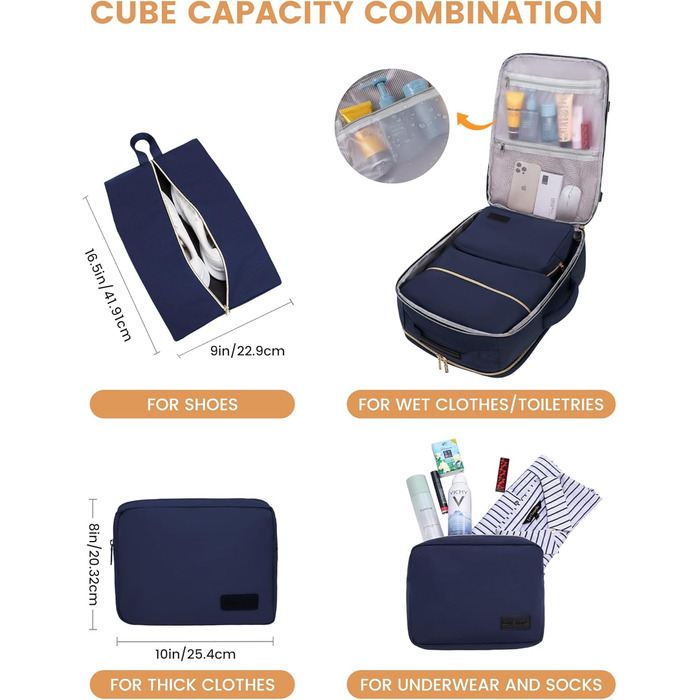 Рюкзак LOVEVOOK для ручної поклажі літака, туристичний рюкзак для жінок та чоловіків, 40L, водонепроникний, відділення для ноутбука 17 дюймів, для подорожей, школи, роботи, кемпінгу (17.3 дюйми, темно-синій + бежевий + чорна шкіра)