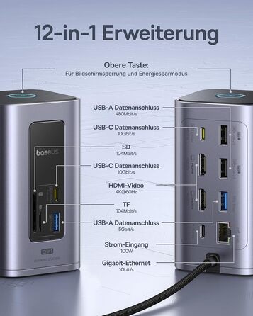 Базаус Док-станція USB-C 12-в-1 для ноутбуків Dell/HP/Lenovo/Asus/Acer/Mac: 2 монітори 4K HDMI, 10Gbps USB-C/A, 100W PD, Gigabit Ethernet