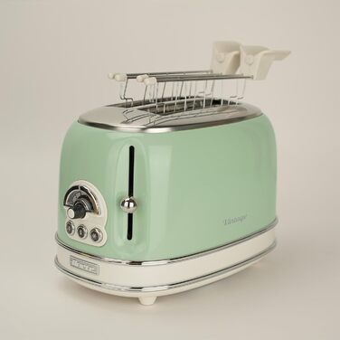 Тостер Ariete Vintage 155, 2-слайсовий, ретро, 6 режимів, автоматичний викид, розморожування, зйомний піддон, нержавіюча сталь, щипці для сендвічів, 810 Вт, зелений