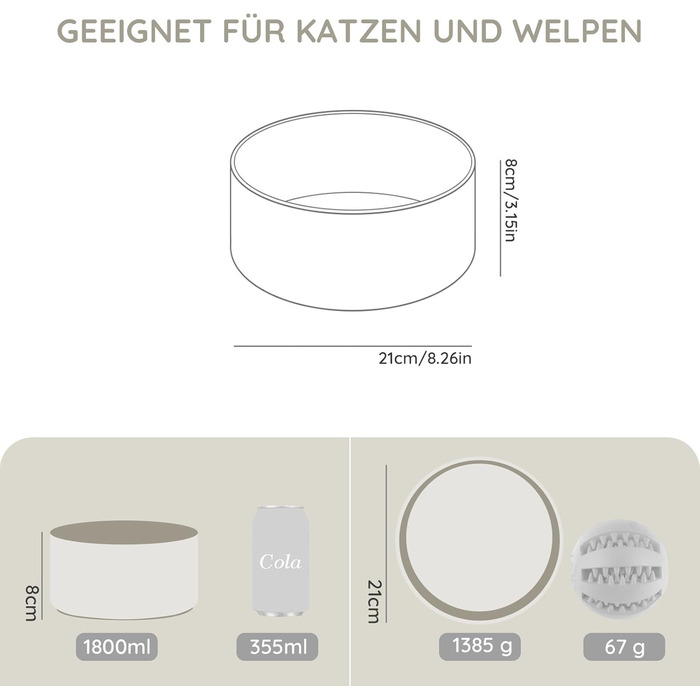 Керамічна миска для собак та котів SpunkyJunky, 1800 мл (2 шт.), сіра