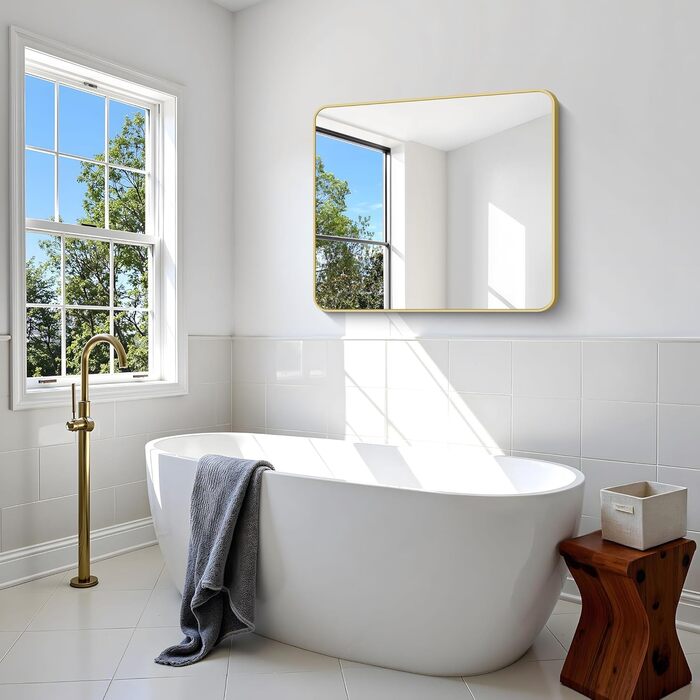 Дзеркало для ванної кімнати BONEWEI, 61 x 121,9 см, прямокутне, для кріплення на стіну, з рамою, косметичне дзеркало з округлими кутами, для спальні, вітальні, передпокою, горизонтальне (Золотий, 91.4L x 76.2B см)