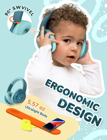 iClever Bluetooth навушники для дітей з LED-підсвіткою, обмеження гучності 74/85dBA, 43 години роботи, стерео звук, Type-C, AUX-кабель, Bluetooth 5.3, для планшетів/подорожей (Турквіс)