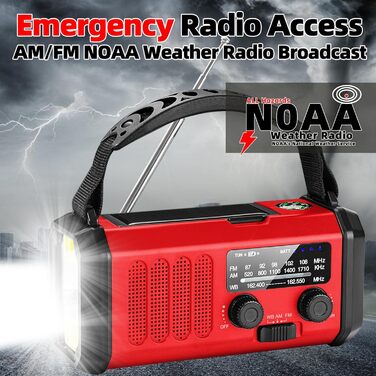 Радіо NOAA/AM/FM з ручним приводом QAUYYW, 37000 мWh, сонячне, з ліхтариком SOS, для надзвичайних ситуацій та ураганів, 10000 mAh, червоне