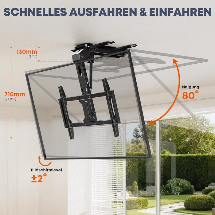 Електричний стельовий кронштейн для телевізора 37-75 дюймів, чорний - похилий, з пультом ДУ, до 45 кг