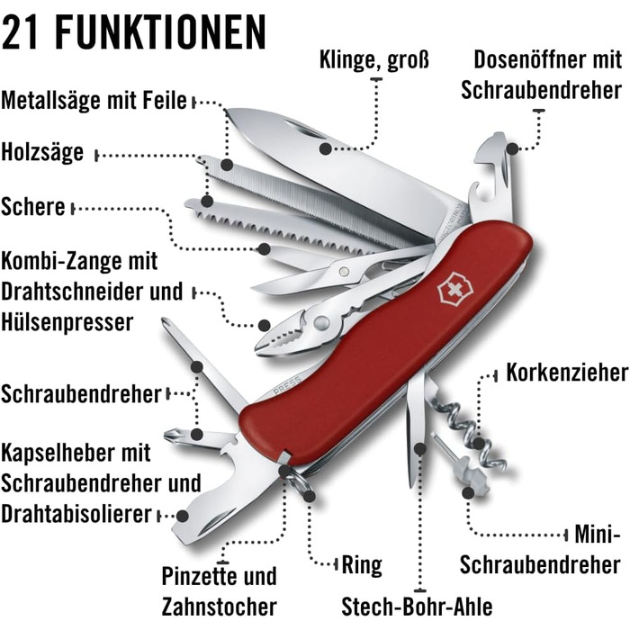 Швейцарський ніж Victorinox Work Champ червоний (21 функція, фіксаційне лезо, пліерси, металева пила)