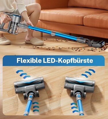 Бездротовий акумуляторний пилосос 25000Pa, 175W, 50хв, з антизаплутувальною насадкою та самостійним паркуванням, легкий ручний пилосос для прибирання килимів, твердих підлог та шерсті тварин, блакитний