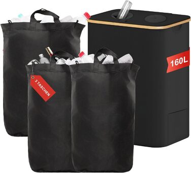 BIMVER Контейнер для збору пляшок 160 л, з 2 XL і 1 XXL внутрішніми сумками, складний бамбуковий органайзер для зберігання тари, чорний, з отвором для пляшок
