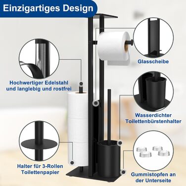 Stainless Steel Toilet Paper Holder with Brush and Wipes Box - Standing Toilet Paper Dispenser with WC Brush and Cover - Black Finish