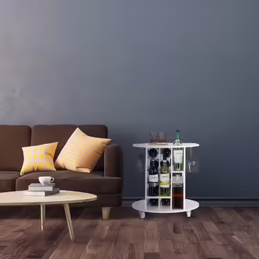 Relaxdays, white wine rack on 360° swivel casters, 6 glass holders, wine storage for 17 bottles, round, HxD: 56x54cm